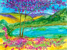 vibrant abstract cherry blossom tree on lakeshore in alcohol ink painting