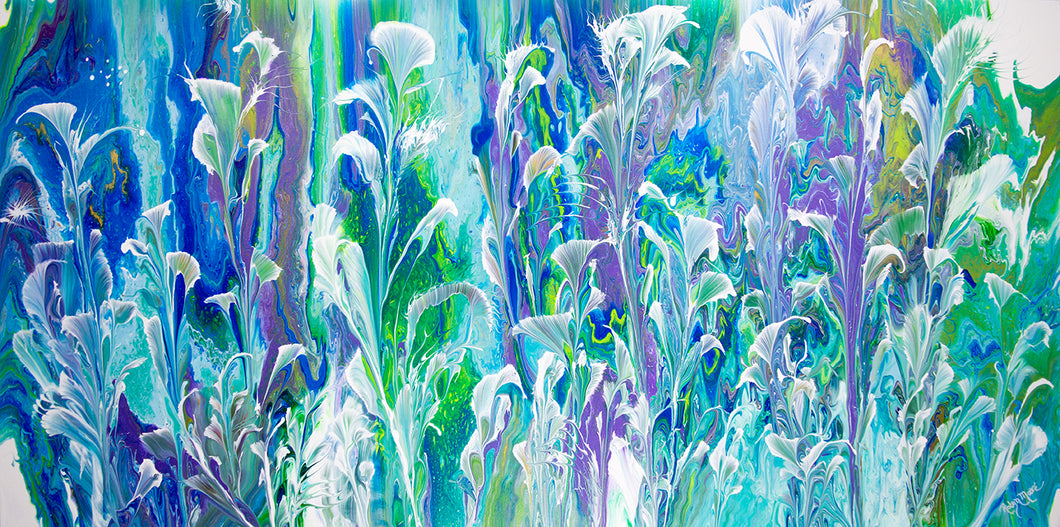 Abstract white cala lily flowers on blue green lavender background