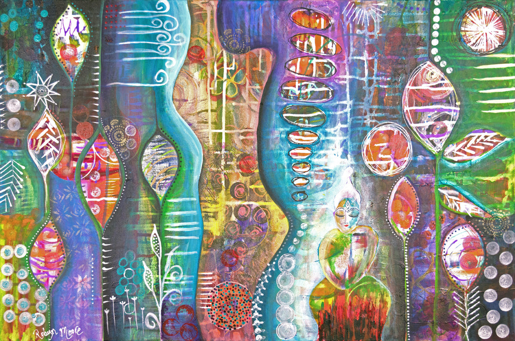 colorful abstract acrylic and ink painting with under layers peeking through the organic shapes and texture elements