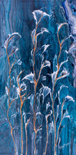 abstract fluid acrylic painting vibrant blue colors with white and copper flowers