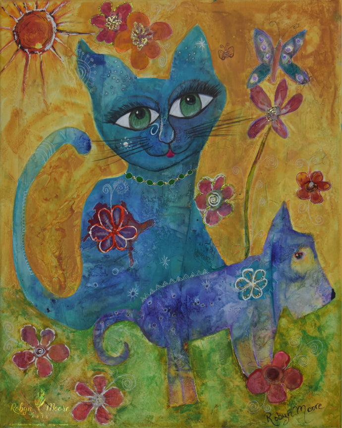 whimsical cat batting her lashes sitting behind dog enjoying sunny garden with flowers