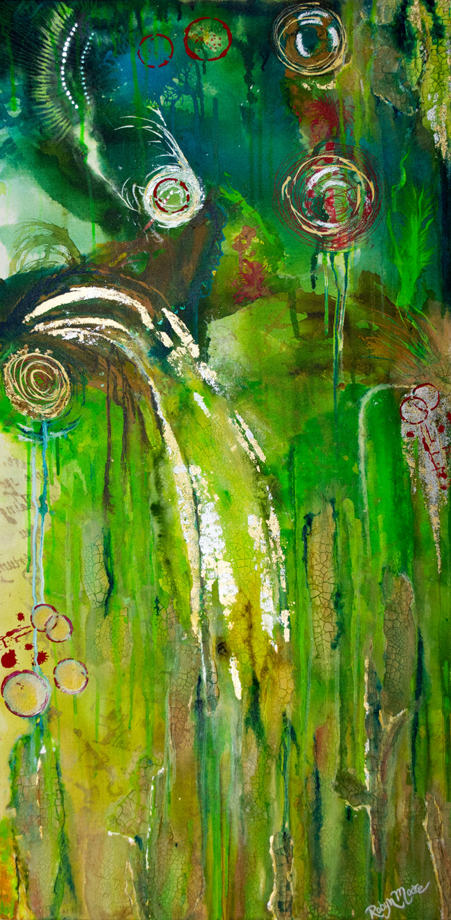 large multi layered abstract green teal and gold with crackled texture
