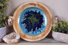 wood serving bowl with blue green glitter pigment