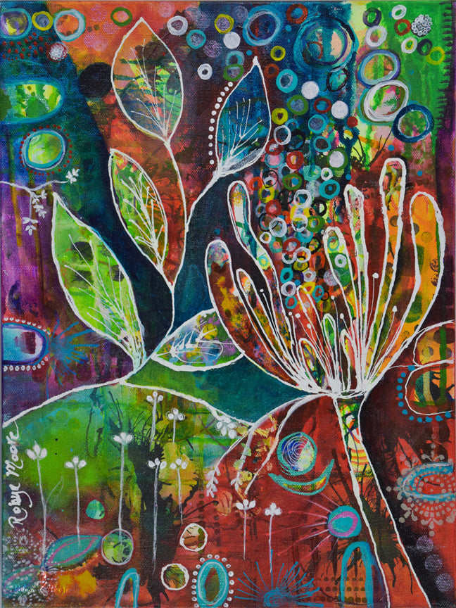 multiple layers of vibrant acrylic ink in many colors with flower and leaves designs