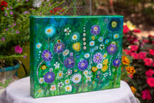 abstract multi color flower garden on green fluid background