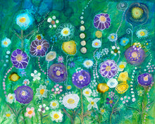 abstract multi color flower garden on green fluid background