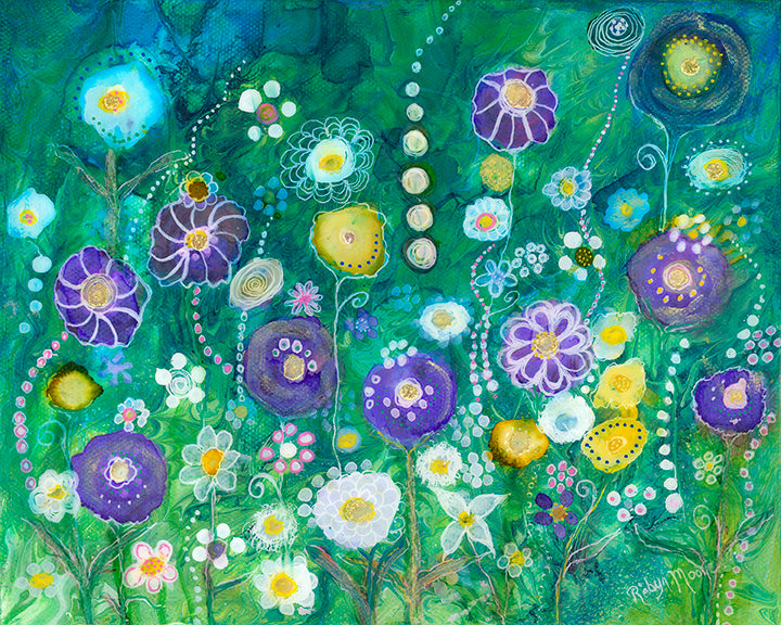 abstract multi color flower garden on green fluid background