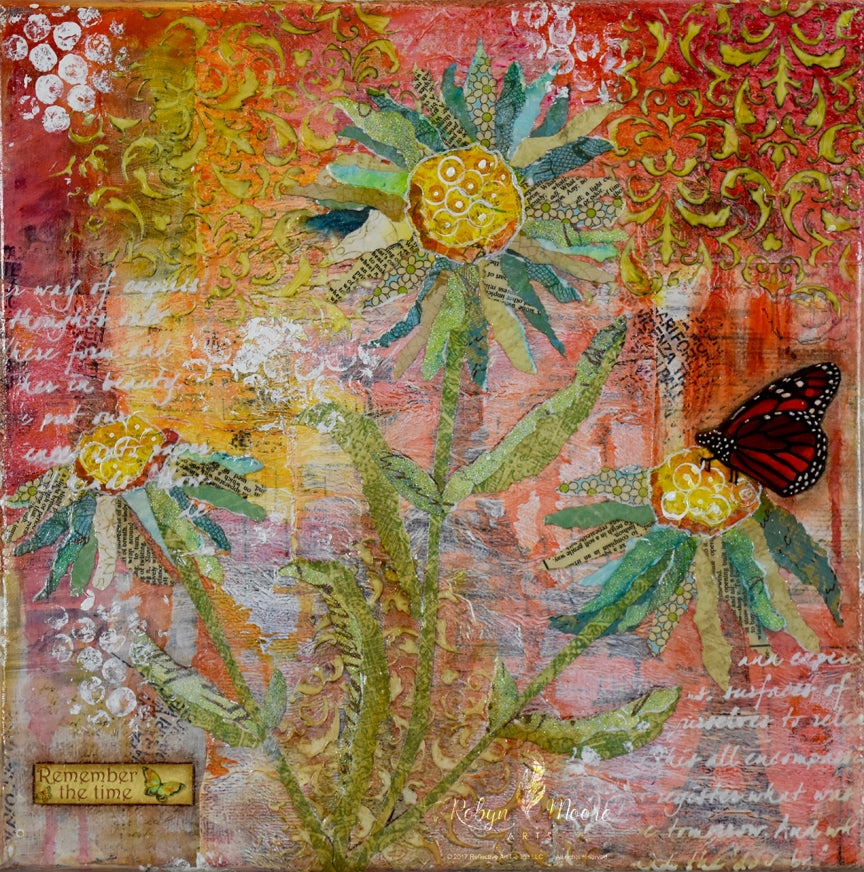 mixed media textured painting of a sunny spring garden of daisies butterfly on a flower.