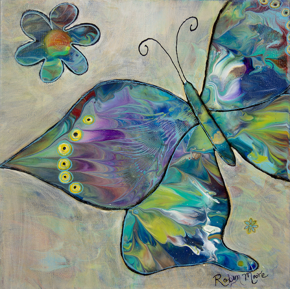 vibrant abstract background with butterflies and flower painting